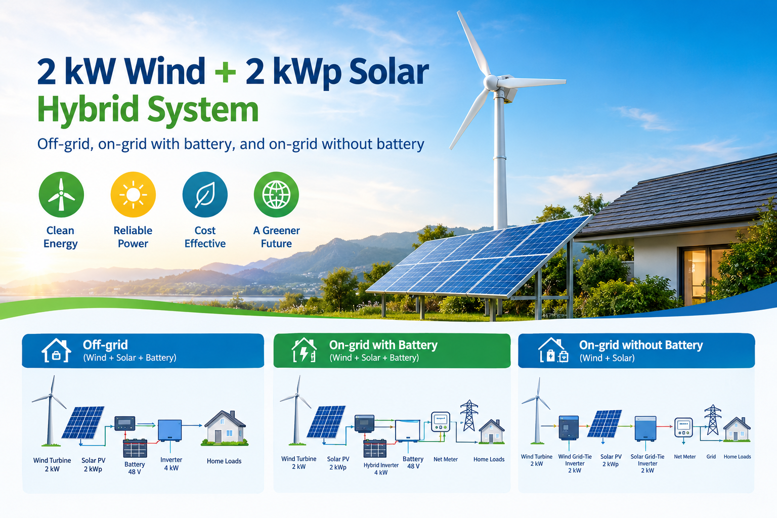 2 kW Wind + 2 kWp Solar Hybrid System Off-grid, on-grid with battery, and on-grid without battery
